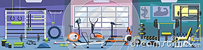 Gym zoning concept. Gym of fitness center interior design in cartoon style with crossfit equipment and Elliptical Machine Cross Vector Illustration