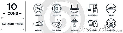 gymandfitness linear icon set. includes thin line dumbbell, bosu ball, push up, trainer rod, sport wear, hydratation, sneakers Vector Illustration