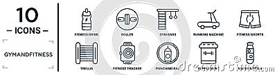 gymandfitness linear icon set. includes thin line fitness drink, gym bars, fitness shorts, fitness tracker, supplement, water Vector Illustration