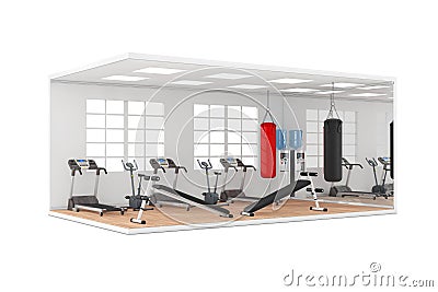 Gymnasium Room Interior with Large Window, Exercise Benches, Leather Punching Bags for Boxing Training, Treadmill Machines and Stock Photo