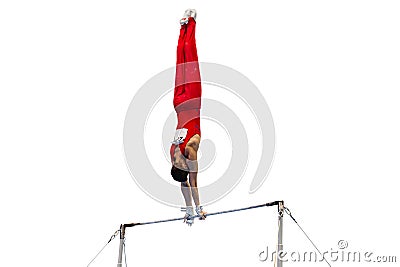 gymnast exercise horizontal bar in championship gymnastics Stock Photo