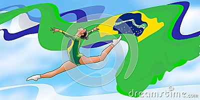 Gymnast girl Brazilaian flag Olympic Games Cartoon Illustration