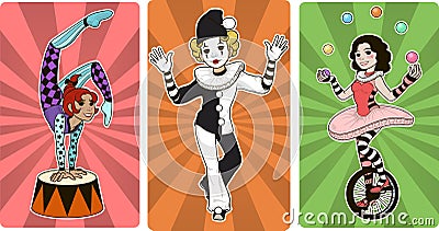 Gymnast mime clown and juggler circus characters Vector Illustration