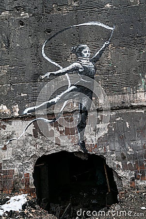 Gymnast with ribbon - Banksy graffiti in Irpin, Ukraine Editorial Stock Photo