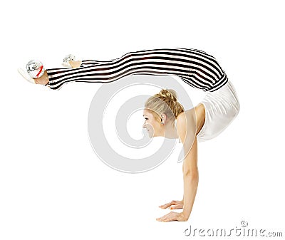 Gymnast woman flexible body standing on arms, training stretching, isolated white background Stock Photo