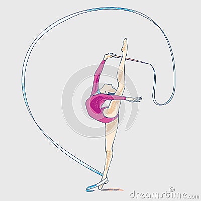 Gymnastics athlete with ribbon, hand drawing Vector Illustration