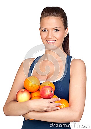 Gymnastics girl with many fruits Stock Photo