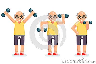 Gymnastics old man grandfather dumbbells exercises happy senior cartoon character design vector illustration Vector Illustration