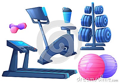 Gym interior object. Sport equipment for fitness - exercise bike and treadmill for running. Vector Illustration