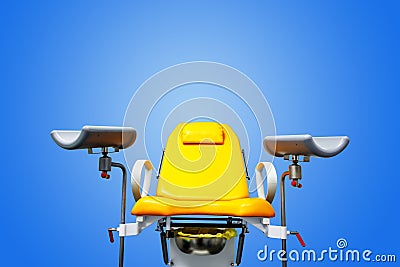 Gynecological chair yellow full-face on a blue isolated background. Stock Photo