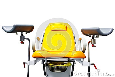 Gynecological chair yellow full-face on a white isolated background. Stock Photo