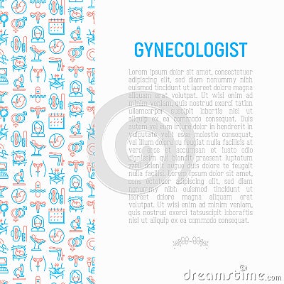 Gynecologist concept with thin line icons: uterus, ovaries, gynecological chair, pregnancy, ultrasound, sanitary napkin, test, em Vector Illustration