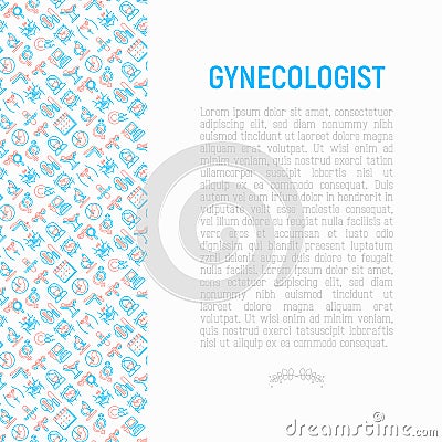 Gynecologist concept with thin line icons: uterus, ovaries, gynecological chair, pregnancy, ultrasound, sanitary napkin, test, em Vector Illustration