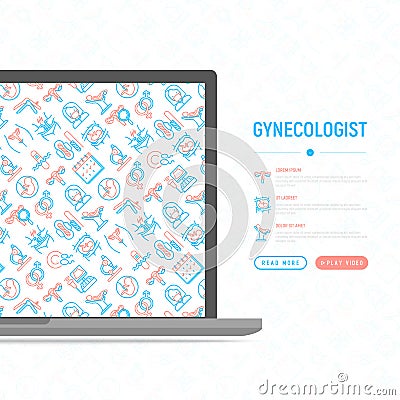 Gynecologist concept with thin line icons: uterus, ovaries, gynecological chair, pregnancy, ultrasound, sanitary napkin, test, em Vector Illustration