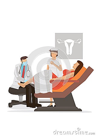 Gynecologist examines patient sitting in a gynecological examination chair Vector Illustration