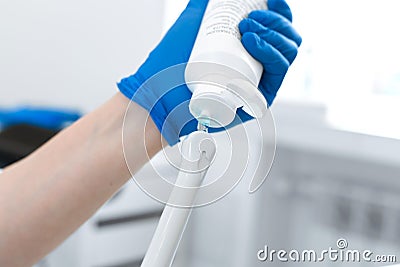 The gynecologist holds the sensor for vaginal examination with an ultrasound machine. Ultrasound of the pelvic organs Stock Photo