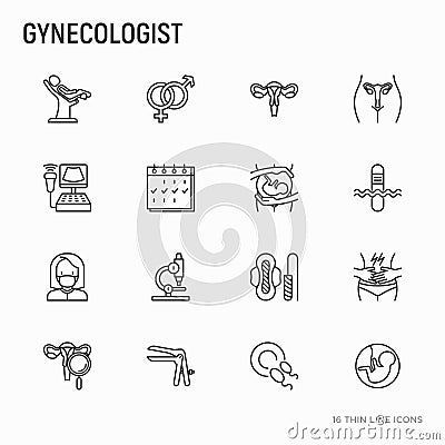 Gynecologist thin line icons set: uterus, ovaries, gynecological Vector Illustration