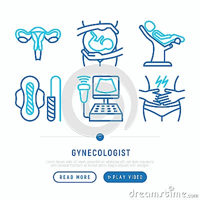 Gynecologist thin line icons set: uterus, ovaries, gynecological Cartoon Illustration