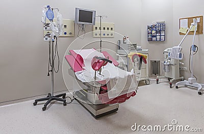 Gynecology in the clinic gynecology room, interior of the genicology clinic. Maternity chair in the surgical obstetric ward. Chair Stock Photo