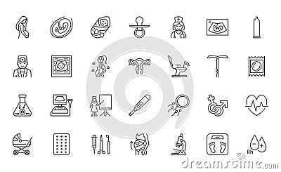Gynecology flat line icons set. Pregnancy test, baby ultrasound, obstetrics doctor, embryo in uterus, infertility, ivf Vector Illustration