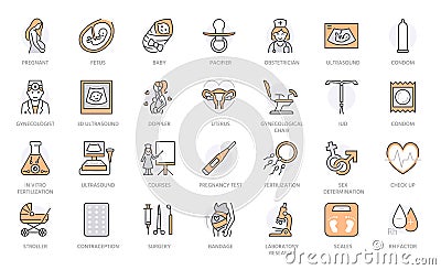 Gynecology line icons set. Ultrasound, fertility, fetus, newborn baby, gynecologist, doppler, condom, stroller vector Vector Illustration