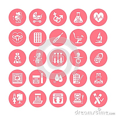 Gynecology, obstetrics vector flat glyph icons. Pregnancy medical elements - baby ultrasound, in vitro fertilization Vector Illustration