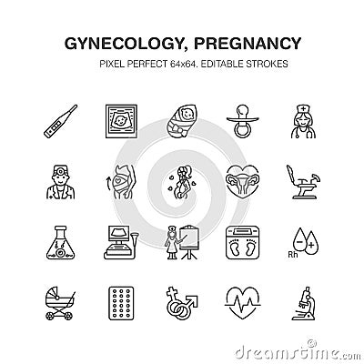 Gynecology, obstetrics vector flat line icons. Pregnancy medical elements - baby ultrasound, in vitro fertilization Vector Illustration