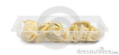 Gyoza Chinese Dumplings in Box Isolated, Vegetable Jiaozi Portion, Chicken Momo Pile, Asian Gyoza Group on White Stock Photo