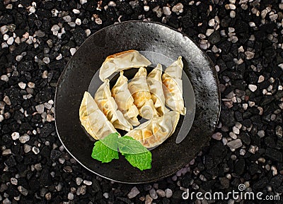 Gyoza Chinese Dumplings Top View, Vegetable Jiaozi, Chicken Momo Pile, Asian Gyoza Portion on Black Stock Photo