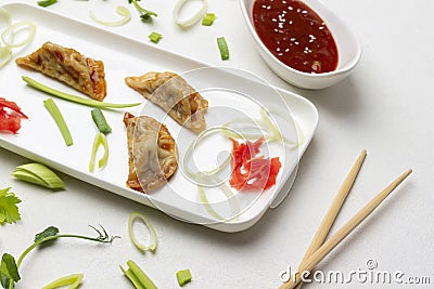 Gyoza dumplings and chopped leek on white plate Stock Photo