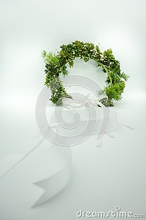 Gypso and green leaves crown with long white ribbon for flower g Stock Photo