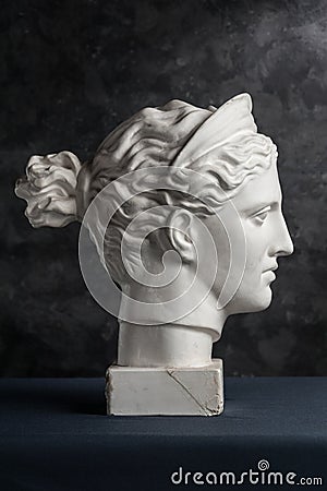 Gypsum copy of ancient statue Diana head on a dark textured background. Plaster sculpture woman face. Stock Photo
