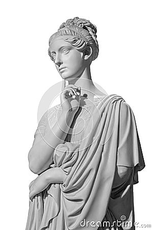 Gypsum copy of ancient statue of thinking young lady isolated on white background. Side view of plaster sculpture woman Stock Photo