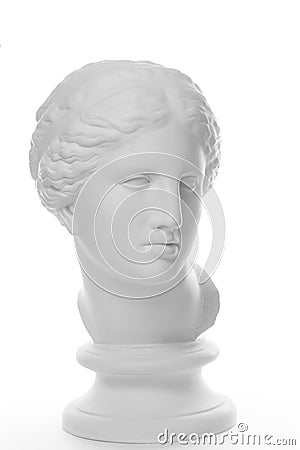 Gypsum copy of ancient statue Venus head isolated on white background. Plaster sculpture woman face. Stock Photo