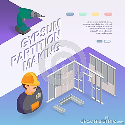 Building services. Isometric concept. Worker, equipment. Vector Illustration