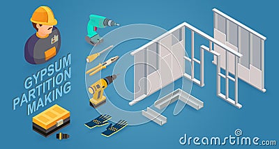 Gypsum partition making. Drywall work. Building services. Isometric icons. Vector Vector Illustration