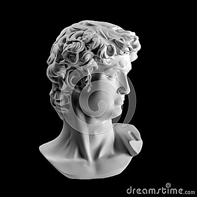 Gypsum statue of David`s head. Michelangelo`s David statue plaster copy isolated on black background. Ancient greek sculpture, Editorial Stock Photo