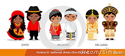 Gypsy, Maldives, Sri Lanka. Men and women in national dress. Set of asian people wearing ethnic clothing. Vector Illustration