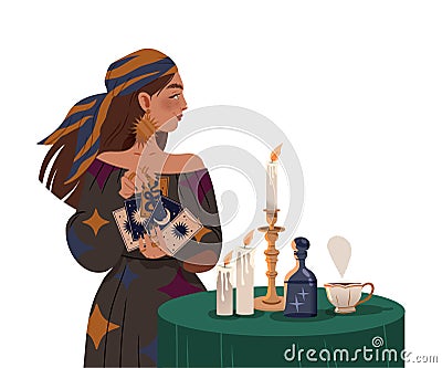 Gypsy Woman as Fortune Teller Holding Tarot Cards at Table with Candle Predicting Future or Performing Occult Ritual Vector Illustration