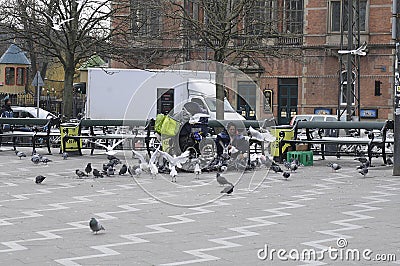 GYPSY WOMAN FEEDS FOOD TO PIGEONS Editorial Stock Photo