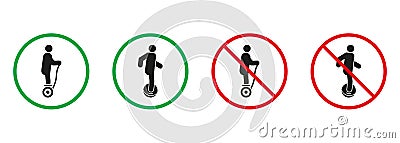 Gyro Scooter, Monowheel Silhouette Icons Set. Allowed and Prohibited Danger Transport Pictogram. Electric Unicycle Vector Illustration