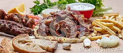 Gyros pita, Shawarma. Traditional greek, turkish meat food on pita bread and tzatziki, banner Stock Photo