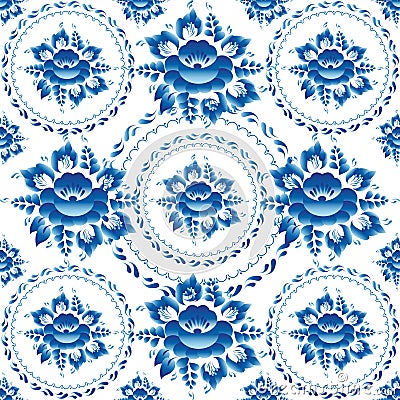 Gzhel Seamless ornament pattern with blue flowers and leaves. Vector Vector Illustration