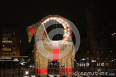 GÃ¤vle goat is a big Christmas goat of straw Editorial Stock Photo