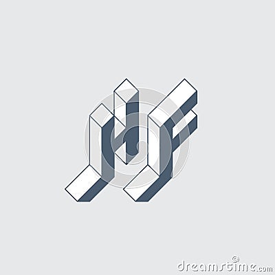 H and F - Monogram or logotype. HF - 2-letter code. Isometric 3d font for design. Three-dimension letters. Brutal logotype Vector Illustration