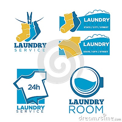 24h laundry room service isolated promotional emblems set Vector Illustration