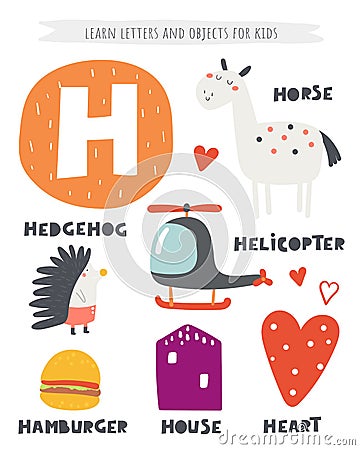 H letter objects and animals including hedgehog, helicopter, horse, heart, house, hamburger. Learn english alphabet Vector Illustration