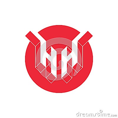 H and H - monogram or logotype. Isometric 3d font for design. HH - Original Three-dimension letters in a red circle. Vector Vector Illustration