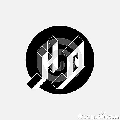 H and Q - monogram or logotype. Isometric 3d font for design. HQ - Original Three-dimension letters in a black circle. Vector Vector Illustration