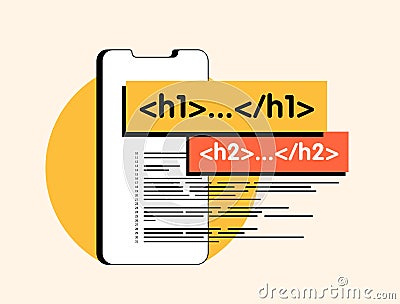 H1 and H2 seo tags - HTML header elements used to define main title of webpage. Seo header tags hierarchy with correct Vector Illustration